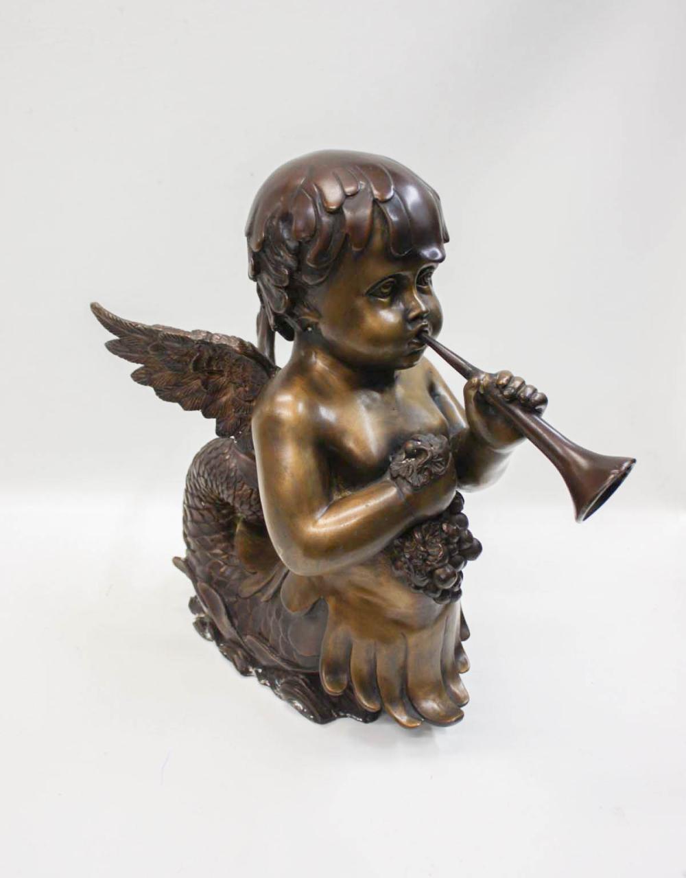 Appraisal: BRONZE FIGURAL SCULPTURE depicting a mythological cherub-mermaid creature playing a