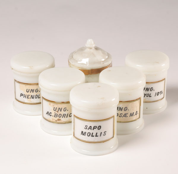 Appraisal: Milk glass ointment jars all with glass labels-one embossed H