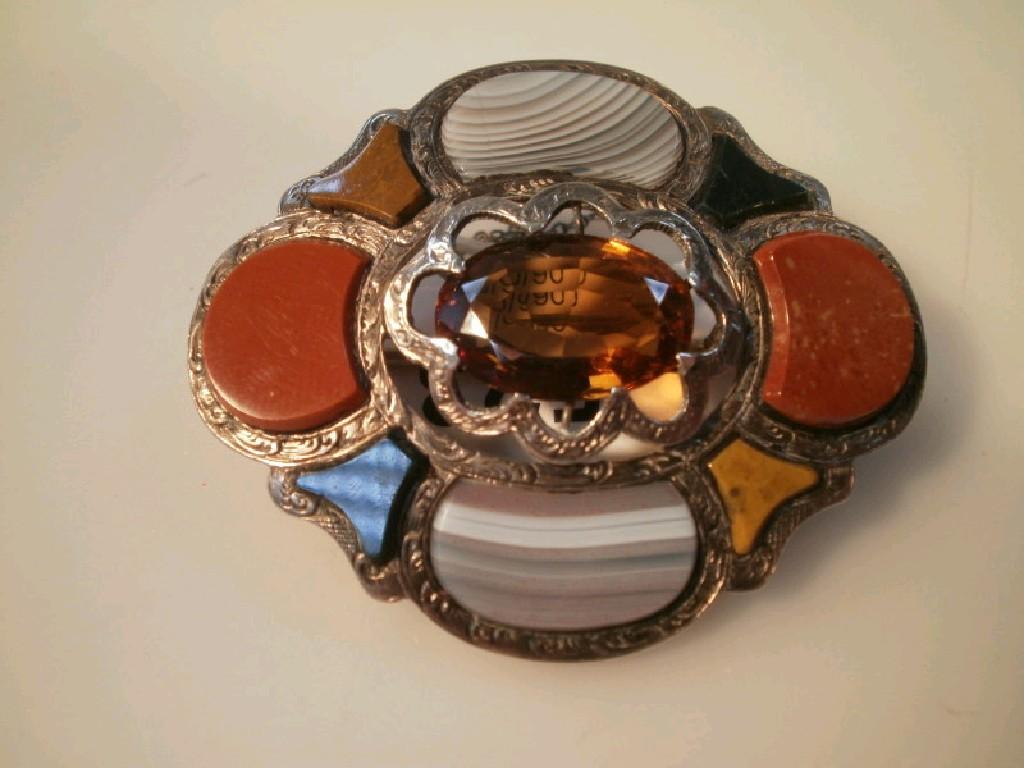 Appraisal: A Scottish agate and topaz brooch in white metal inscribed