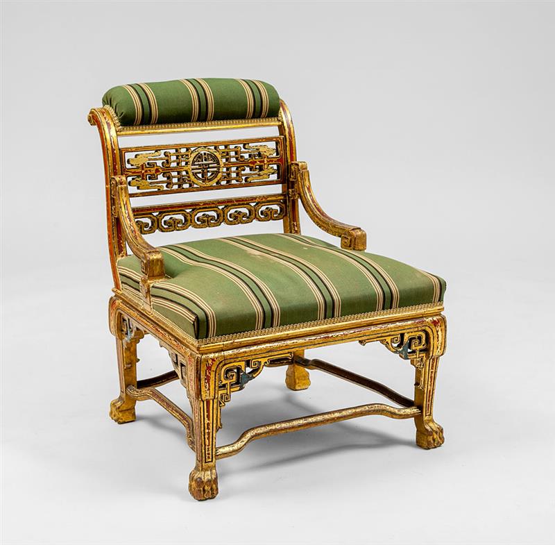 Appraisal: Victorian Painted and Parcel-Gilt Slipper Chair x x in height