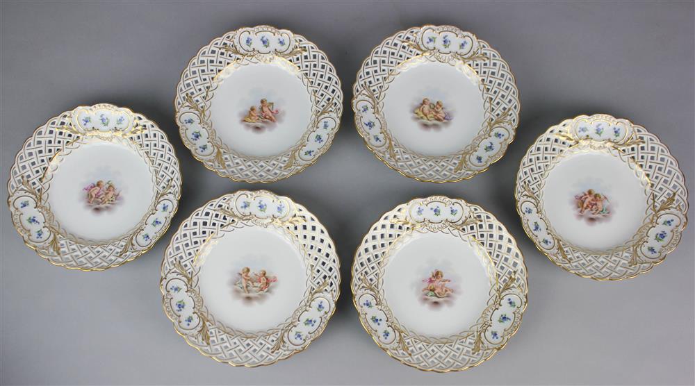 Appraisal: SIX MEISSEN RETICULATED CABINET PLATES underglaze blue crossed swords the