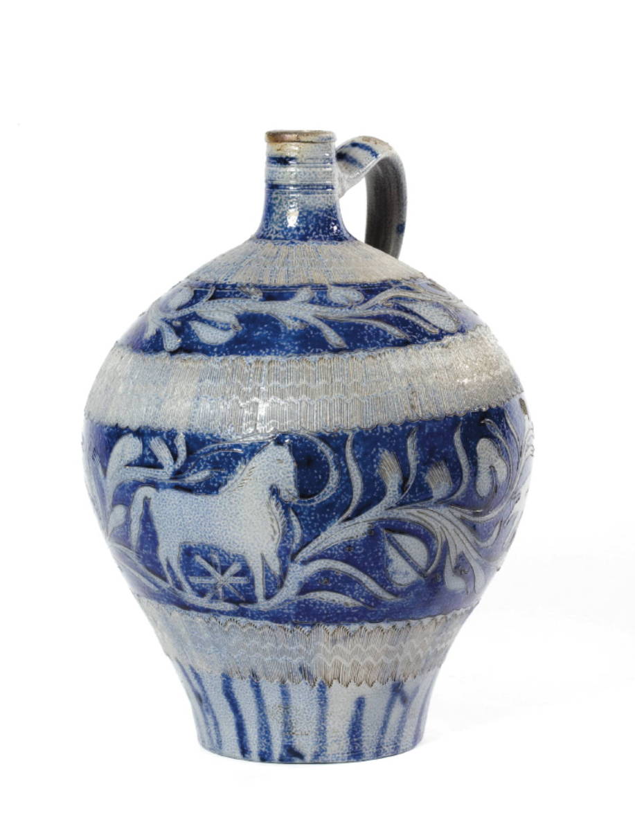 Appraisal: STONEWARE INCISED AND COBALT BLUE-DECORATED JUG Surrounded by a band