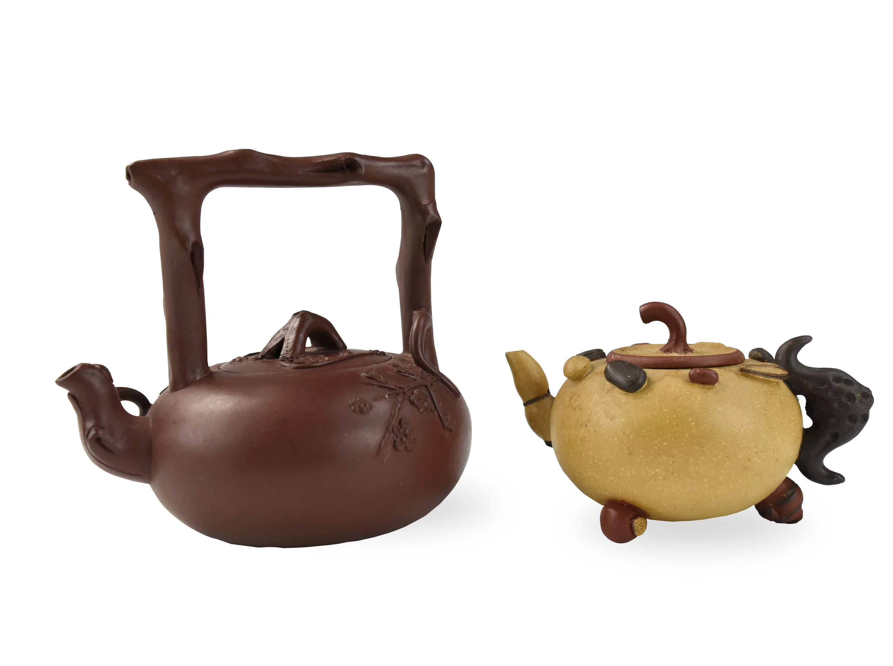 Appraisal: TWO CHINESE YIXING ZISHA TEAPOTS of compressed globular form in