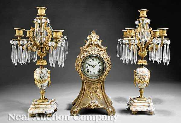 Appraisal: A Gilt Bronze and Marble Three-Piece Clock Garniture clock marked