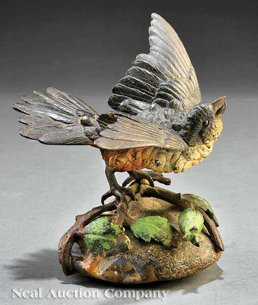 Appraisal: An Antique Continental Cold-Painted Bronze Singing Bird on a Branch