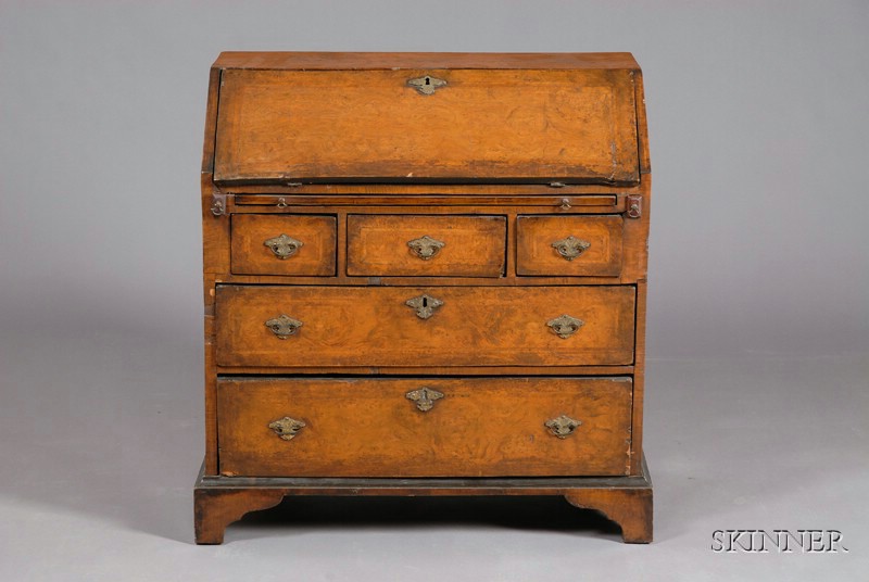 Appraisal: Early Georgian-style Diminutive Inlaid Walnut Slant-lid Desk th century fitted