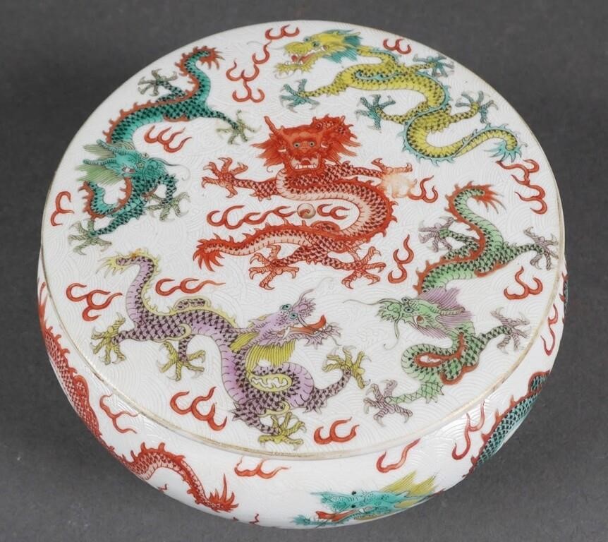 Appraisal: Chinese ceramic bowl with lid featuring dragons on lid an