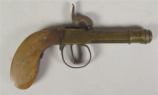 Appraisal: Small Brass th Century Percussion Boot Pistol In approximately caliber