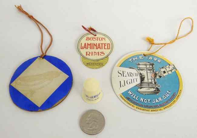 Appraisal: Misc hang tags thimble Lot incl search light and Boston