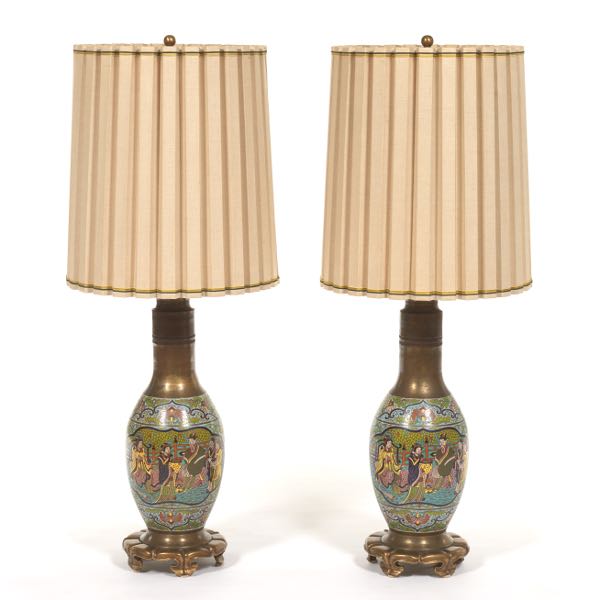 Appraisal: PAIR OF MARBRO CHINOISERIE STYLE SEMI-ANTIQUE CHAMPLEVE ENAMELLED LAMPS WITH