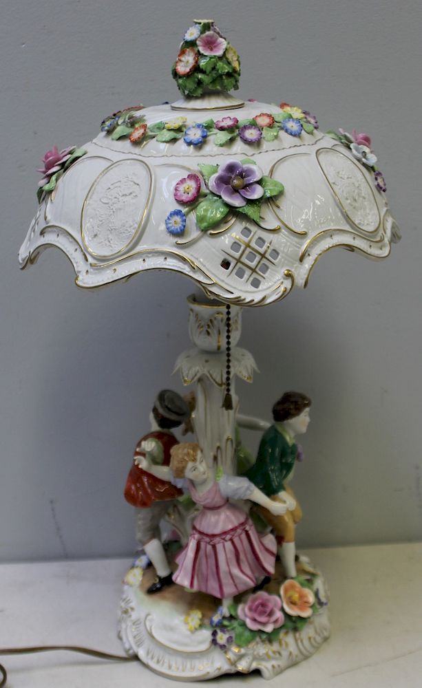 Appraisal: DRESDEN Signed Porcelain Figural Umbrella Top Lamp From a Shelton