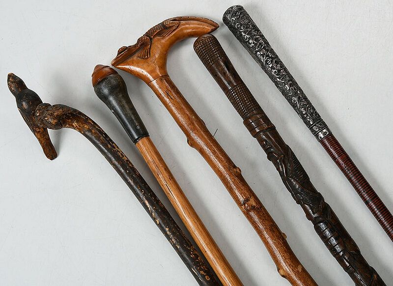 Appraisal: Five Carved Wood Walking Sticks American Continental th th century