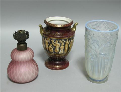 Appraisal: THREE GLASS AND PORCELAIN OBJECTS Comprising a Continental tall glass