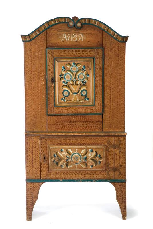 Appraisal: ONE PIECE PAINT DECORATED STEPBACK CUPBOARD Grain decorated cupboard with