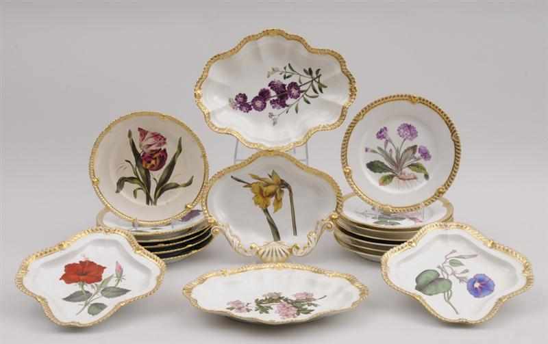 Appraisal: CHAMBERLAIN'S WORCESTER THIRTEEN-PIECE BOTANICAL DESSERT SERVICE AND FIVE FLAMEU-FLEURY PLATES