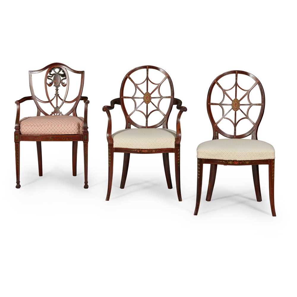 Appraisal: THREE LATE VICTORIAN PAINTED SATINWOOD CHAIRS LATE TH CENTURY in