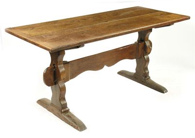 Appraisal: An oak refectory table the twin plank cleated end top