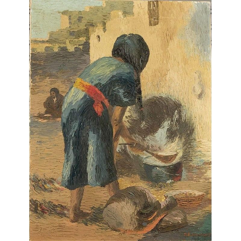 Appraisal: Villager Painting Unframed oil on canvas of a female villager