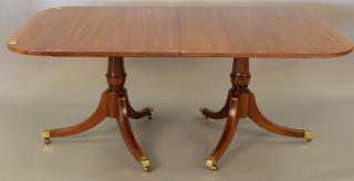 Appraisal: Custom mahogany dining table with double pedestal and banded inlaid