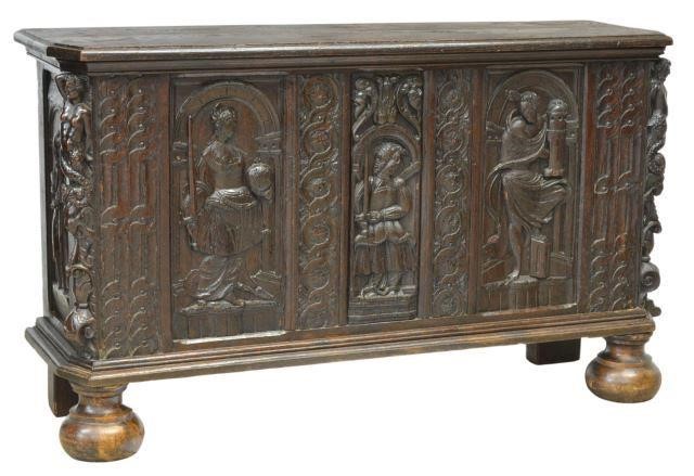 Appraisal: Renaissance Revival figural carved oak chest th c having shaped