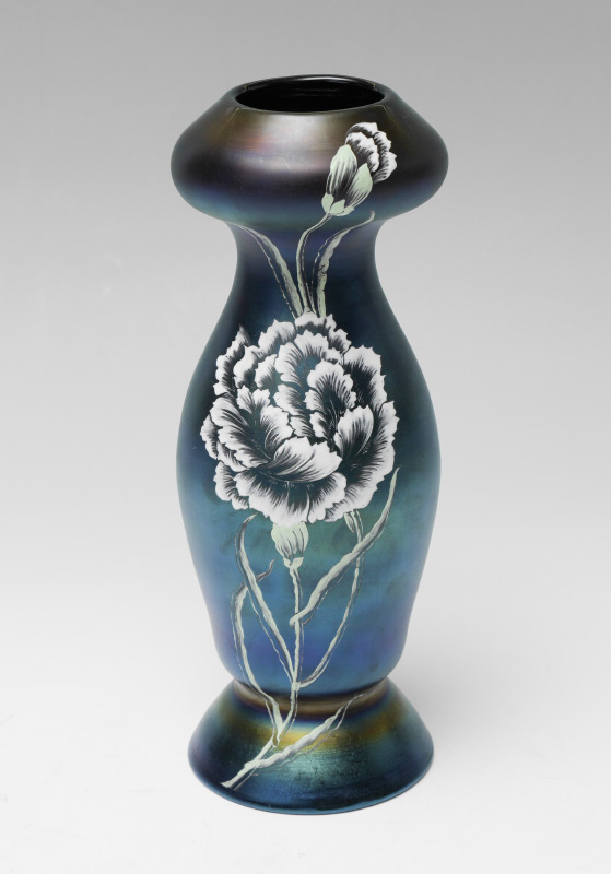 Appraisal: IRIDESCENT ENAMELED FLORAL MOTIF ART GLASS VASE Dark blue iridescent