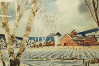 Appraisal: JOHN E DETORE Watercolor Farm Scene in Snow Bar JOHN