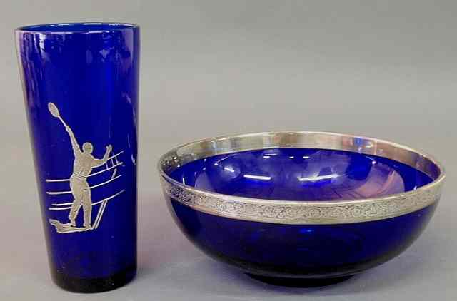 Appraisal: Cobalt blue glass vase with silver overlaid tennis player h