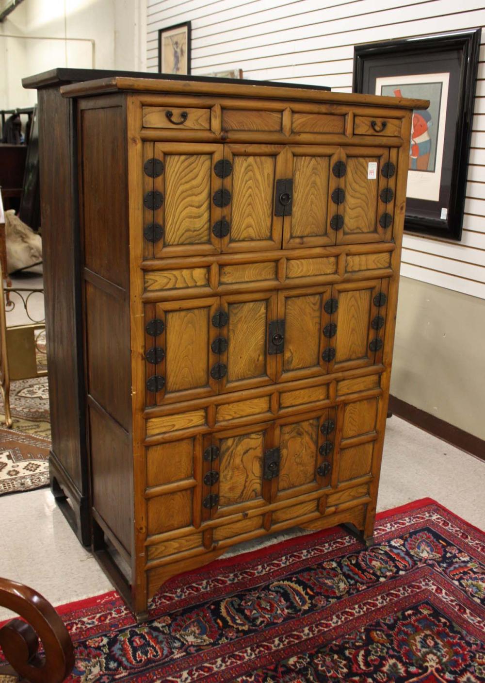 Appraisal: KOREAN THREE-LEVEL KITCHEN CABINET featuring bold grain elmwood panels with