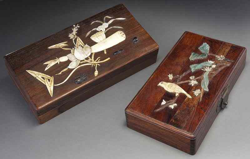 Appraisal: Chinese Huanghuali wood boxes mounted with bone hardstone and mother