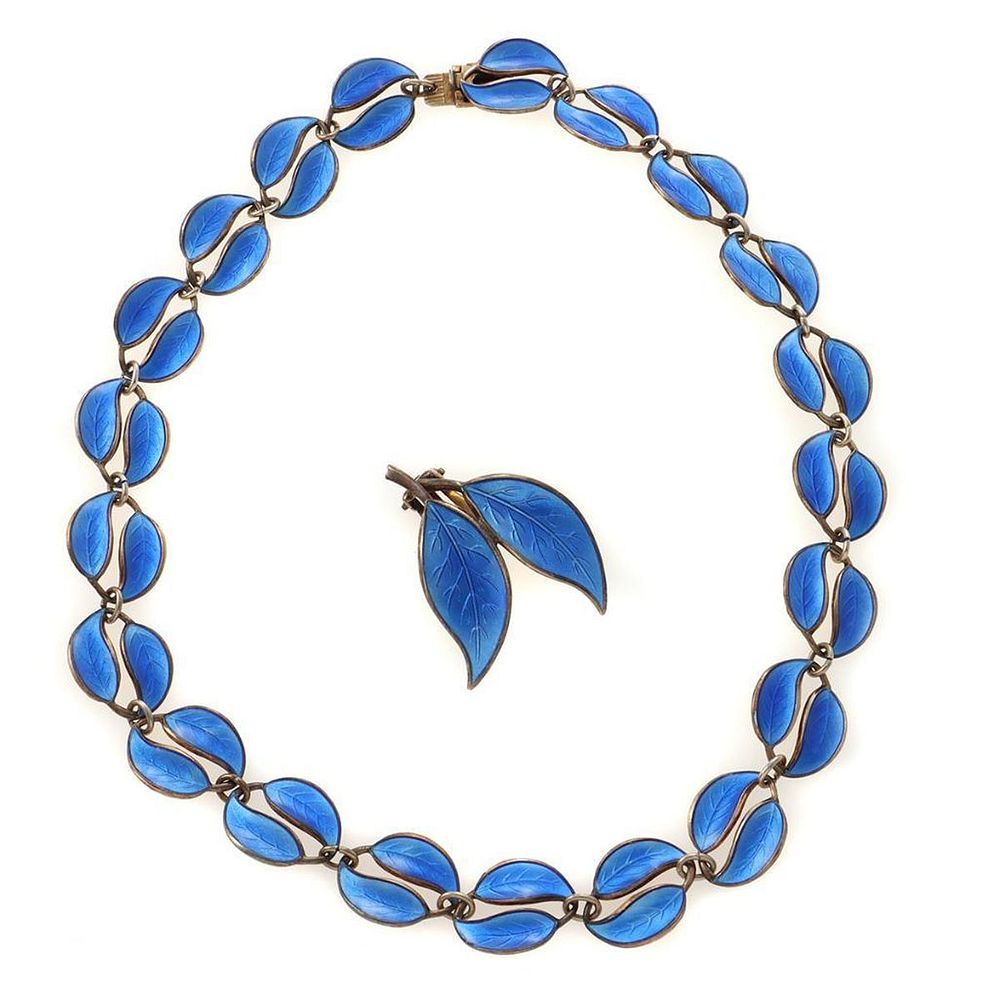 Appraisal: David-Andersen blue enamel and silver necklace with single matching clip