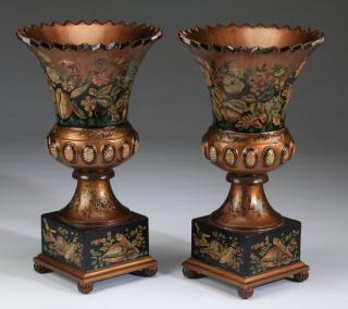 Appraisal: Neoclassical Pair of Neoclassical-style carved wood urns paint decorated with