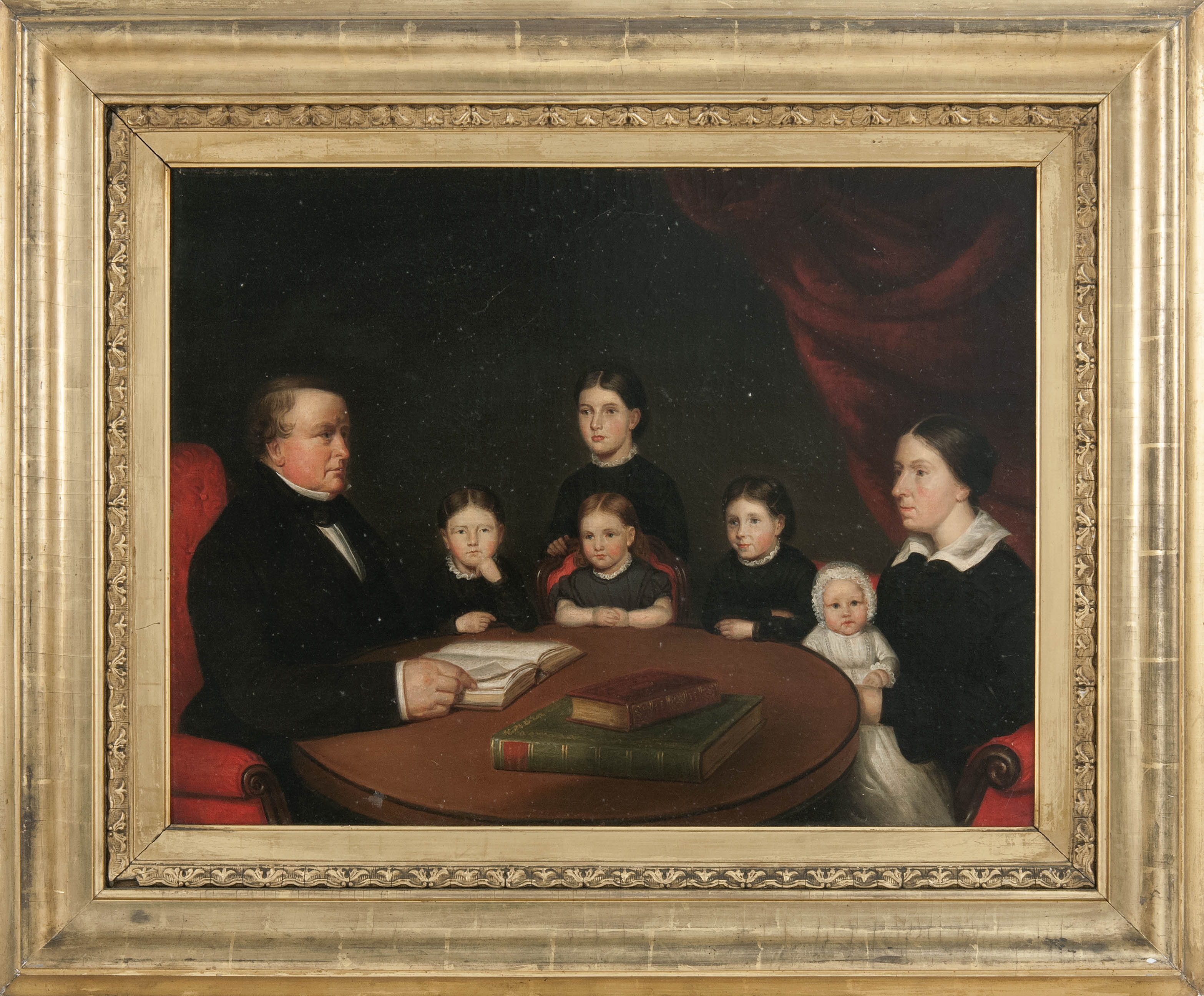 Appraisal: AMERICAN SCHOOL th CenturyPortrait of seven family members seated around