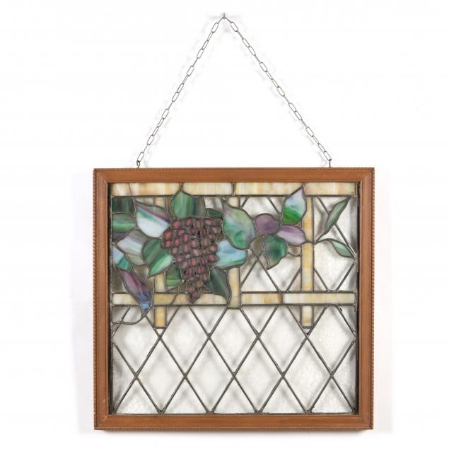 Appraisal: VINTAGE GRAPEVINE STAINED GLASS PANEL Second half th century trellis