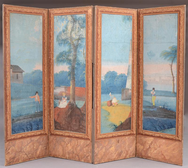 Appraisal: FRENCH PROVENCIAL PAPER PEINTE FOUR PANEL SCREEN Depicting peasants in