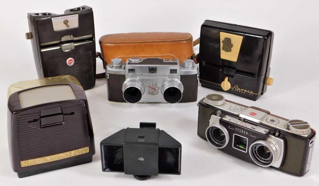 Appraisal: GROUP OF STEREOSCOPIC CAMERAS AND VIEWERS Group of stereoscopic cameras