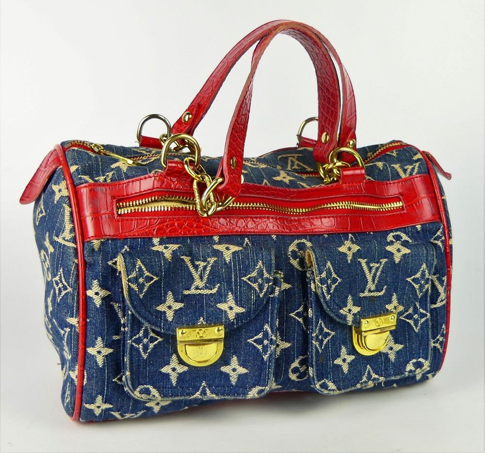 Appraisal: LOUIS VUITTON BLUE RED DENIM PURSE Measures tall and wide