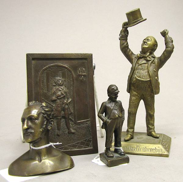 Appraisal: An erotic bronze plaque and three male figures late th