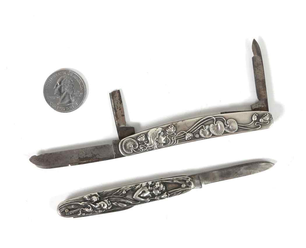 Appraisal: PAIR ART NOUVEAU STERLING POCKET KNIVES To include Simons Brothers