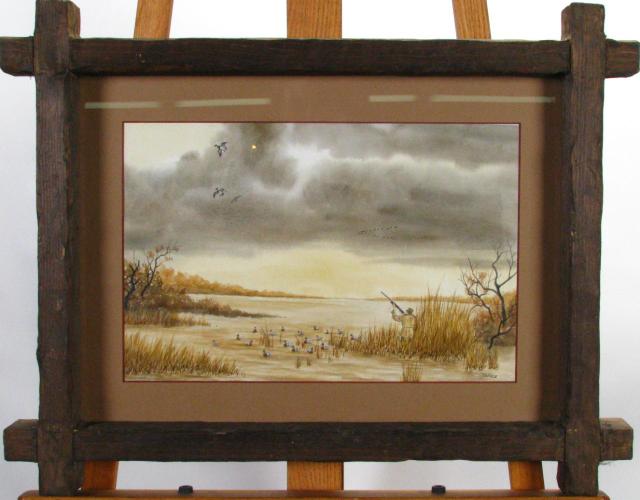 Appraisal: Takacs x Watercolor Signed Lower Right Duck Hunter in Marsh