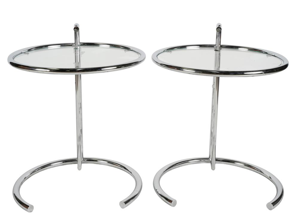 Appraisal: PAIR OF EILEEN GRAY SIDE TABLESchromed metal and glass unsigned