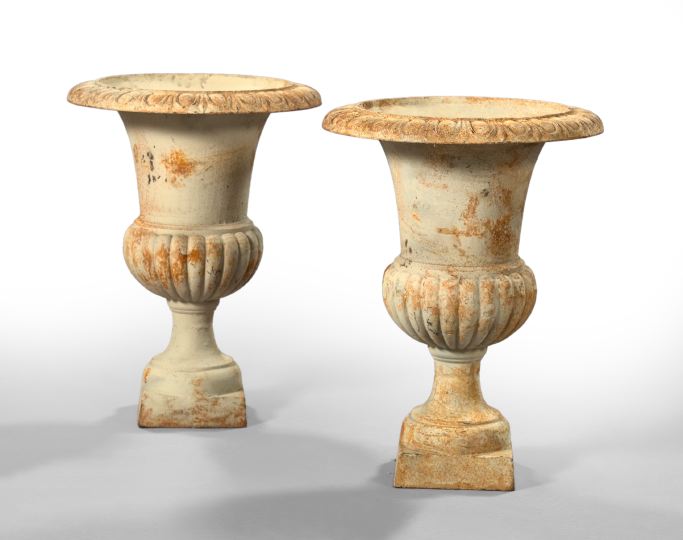 Appraisal: Pair of Classical-Style Cast-Iron Garden Urns each with flared egg-and-dart