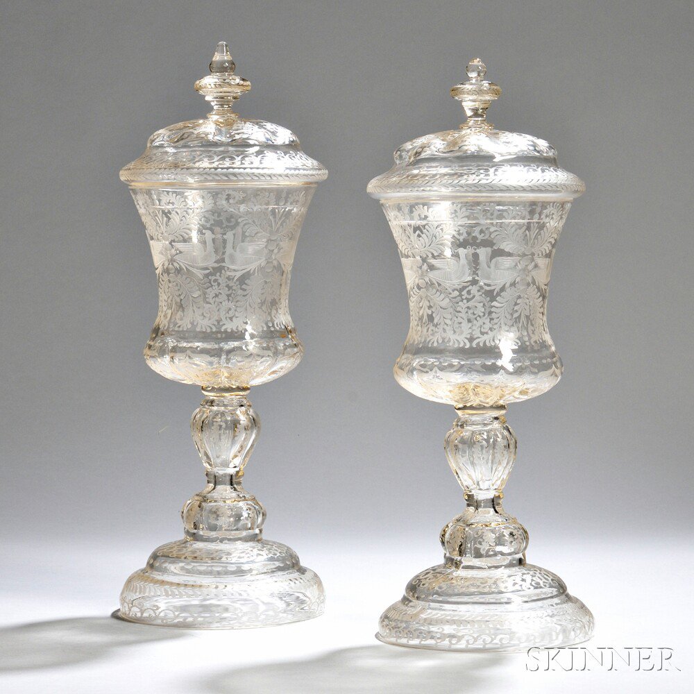 Appraisal: Pair of Etched Bohemian Glass Cups with Covers th century