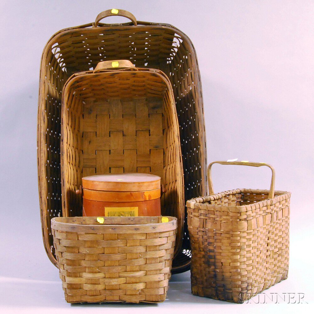 Appraisal: Four Woven Splint Baskets and a Finger-lapped Firkin ht to