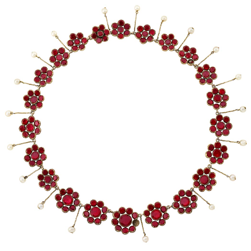 Appraisal: Georgian Gold Foiled-Back Garnet and Pearl Fringe Necklace C garnets