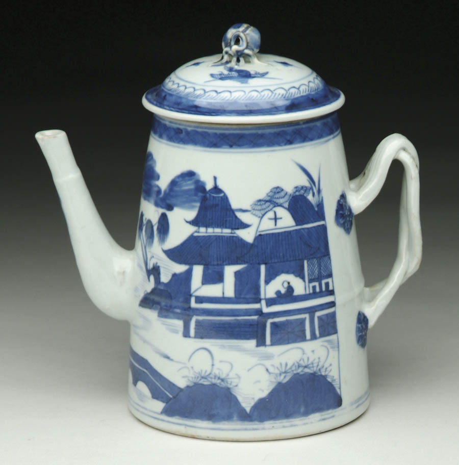 Appraisal: NICE BLUE AND WHITE CANTON STRAP HANDLED LIGHTHOUSE TEAPOT th