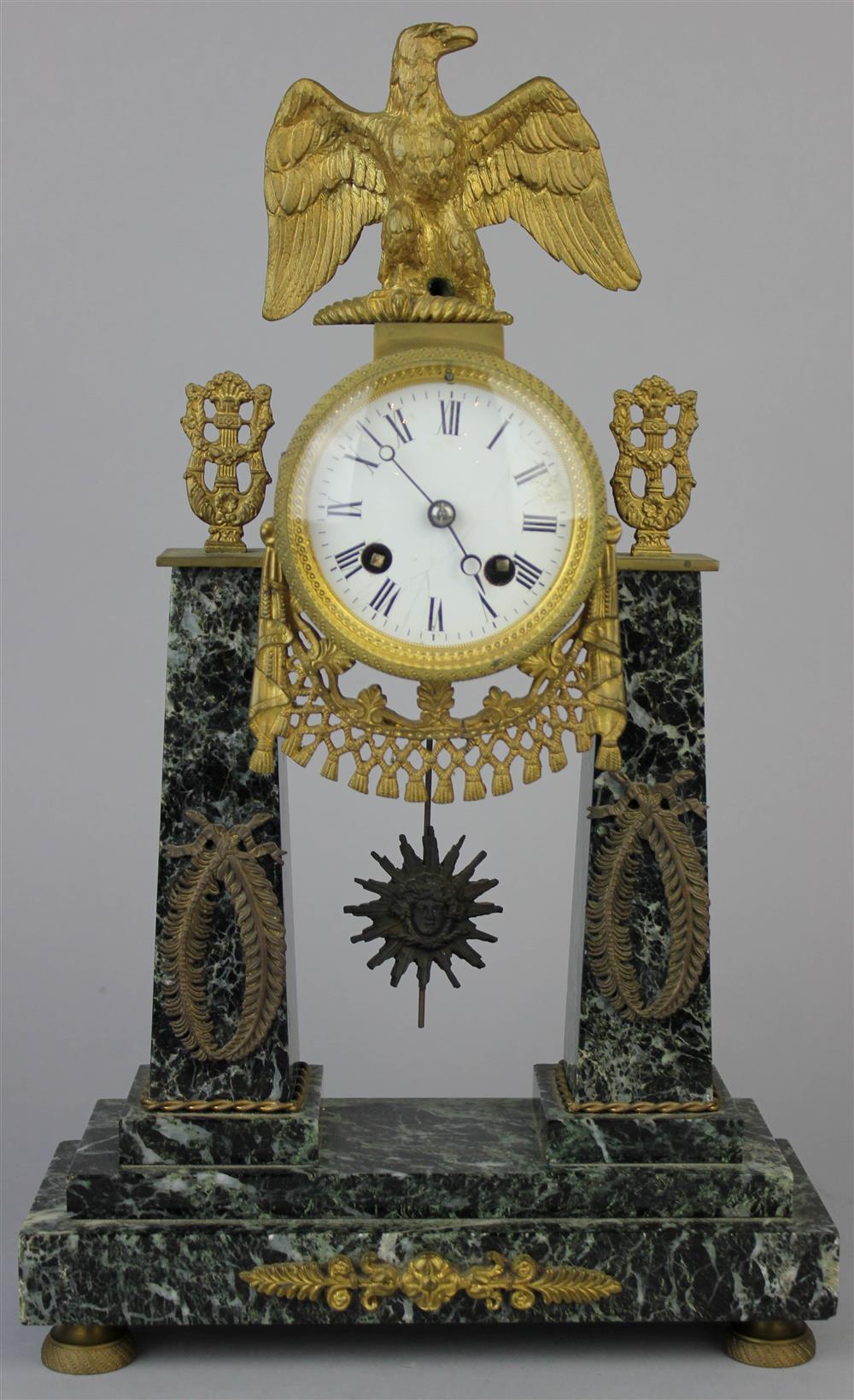 Appraisal: EMPIRE STYLE GILT METAL MOUNTED GREEN MARBLE MANTEL CLOCK the