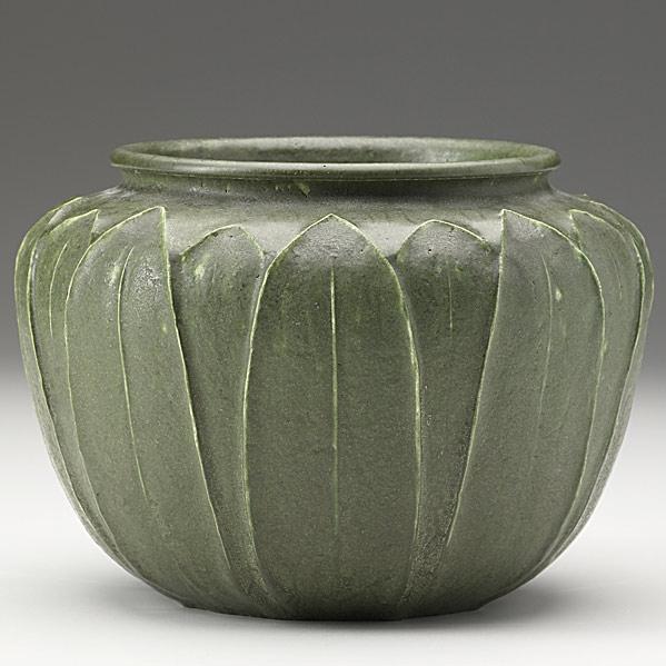 Appraisal: GRUEBYSquat matte green vessel with leavesA couple of minor nicks