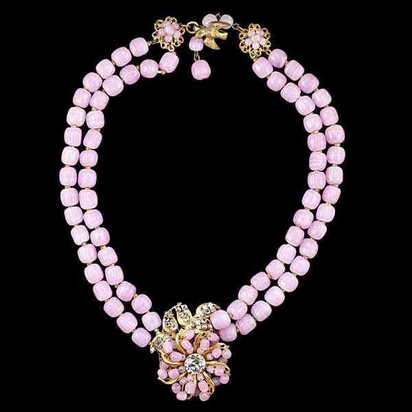 Appraisal: Miriam Haskell Pink Frosted Bead and Rhinestone Necklace A Miriam