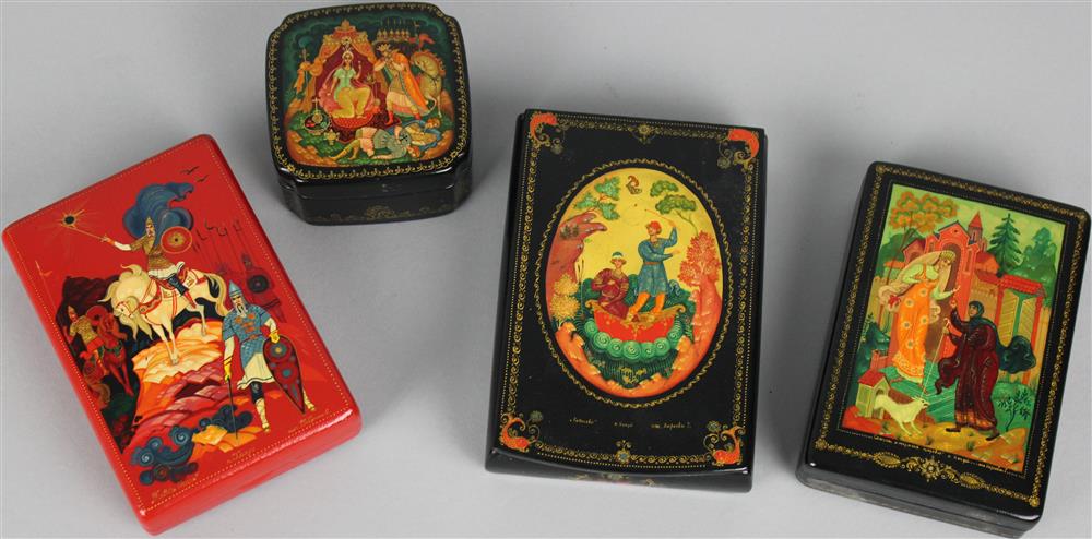 Appraisal: FOUR KHOLUI RUSSIAN LACQUER BOXES DEPICTING FAIRY TALES all of