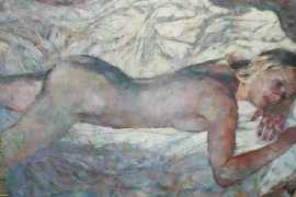 Appraisal: Fu Hong born Reclining Nude oil on canvas signed and